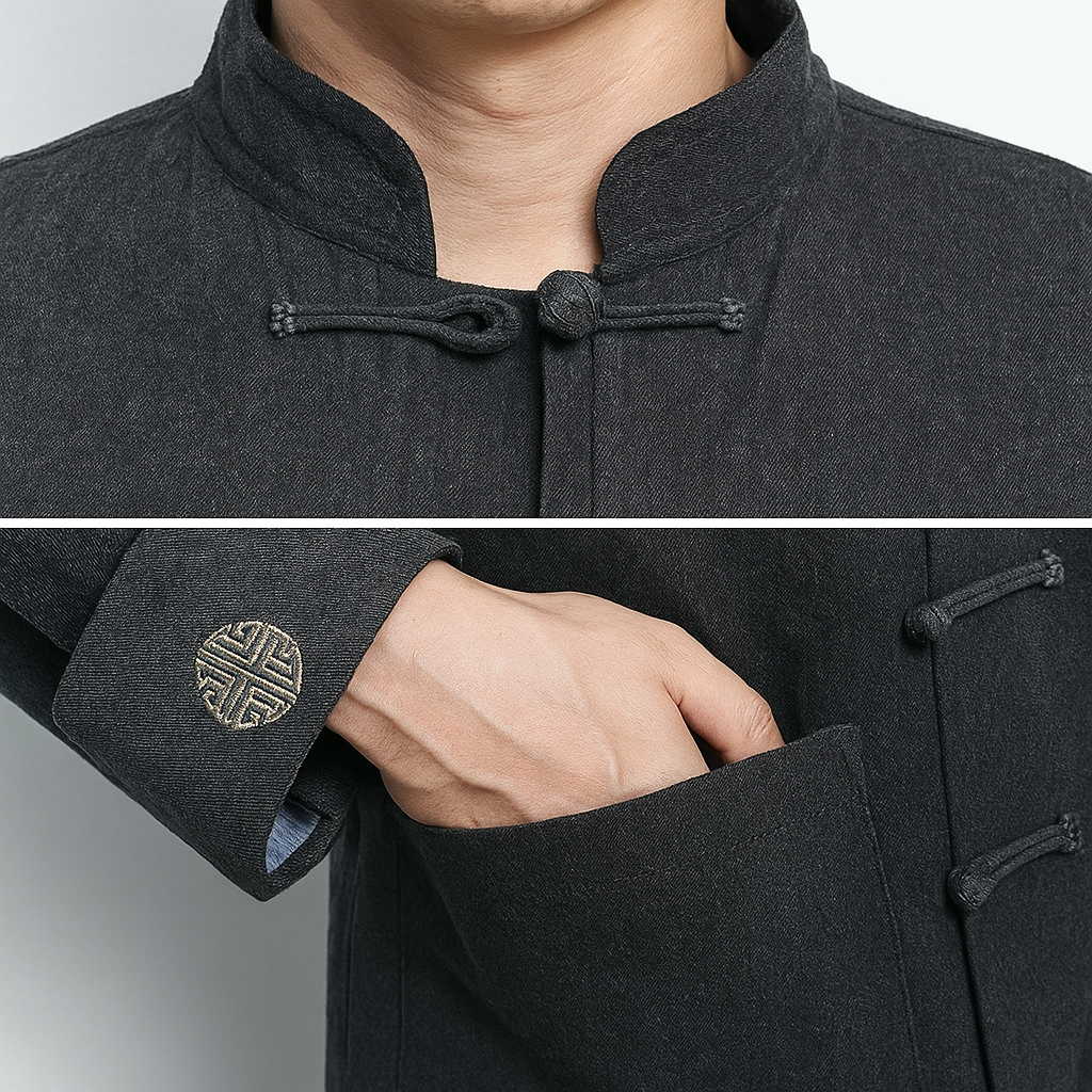 Chutri Denim Jacket - Kyoto Apparel - Black, Blue, Denim, jacket, Light fabric, Long-Sleeve, Mandarin Collar, Outerwear