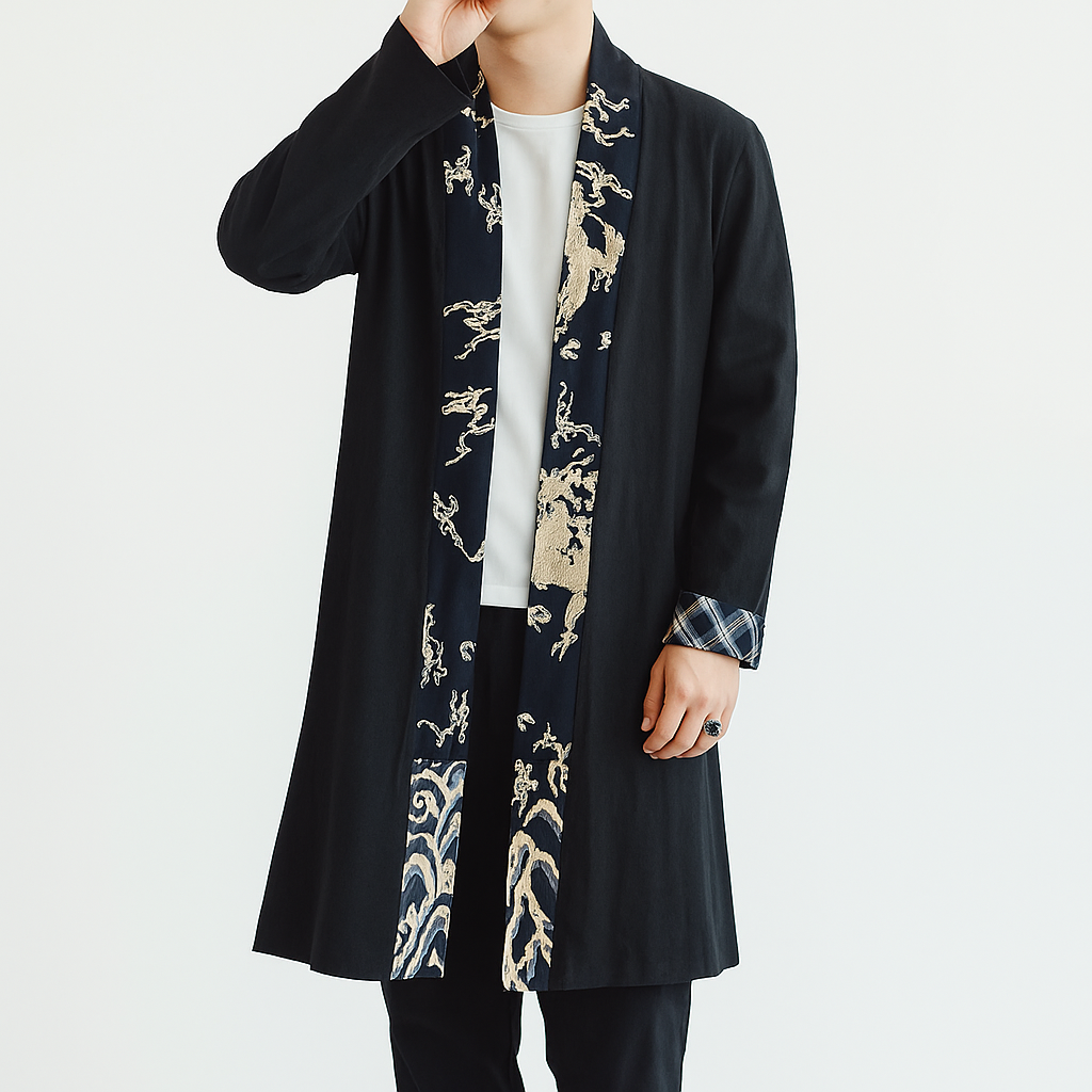 Dappa Kimono Coat - Kyoto Apparel - Black, coat, Japanese print, kimono, long, Outerwear