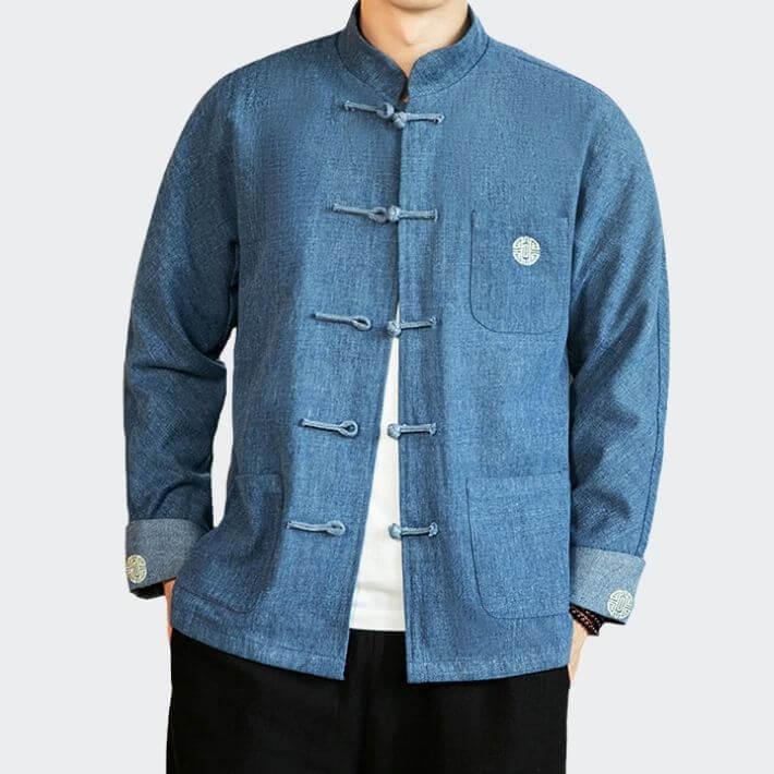Chutri Denim Jacket - Kyoto Apparel - Black, Blue, Denim, jacket, Light fabric, Long-Sleeve, Mandarin Collar, Outerwear