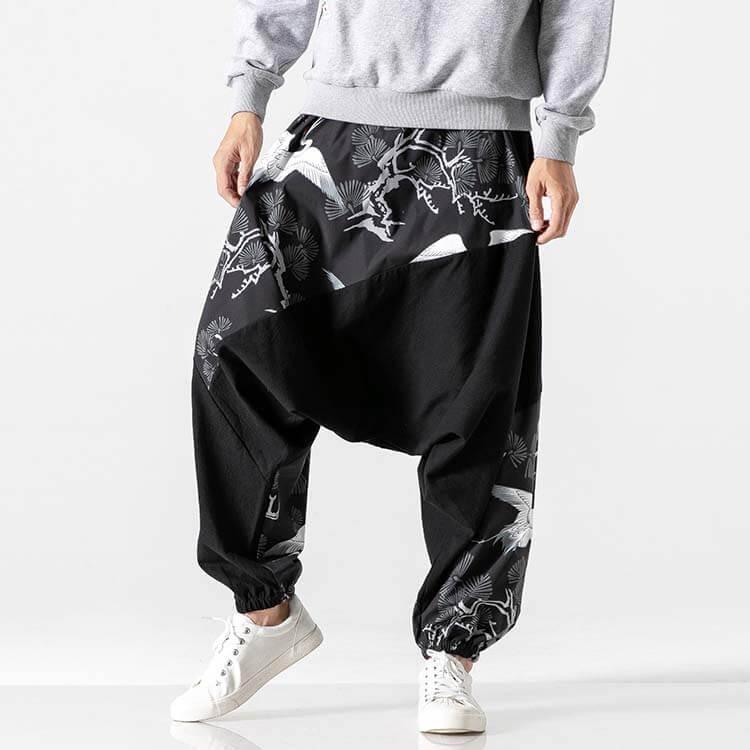 Dansuri Pants - Kyoto Apparel - Black, harem, Japanese print, Light fabric, long, pants