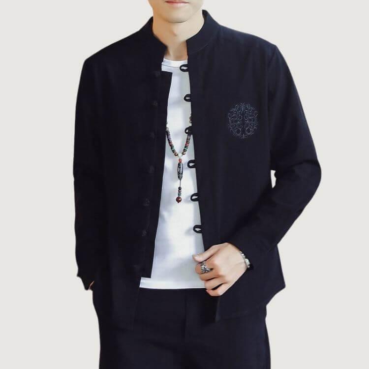 Kezumi Long Sleeve Shirt - Kyoto Apparel - Black, Blue, Embroidery, Gray, Mandarin Collar, Red, shirt, Top, white