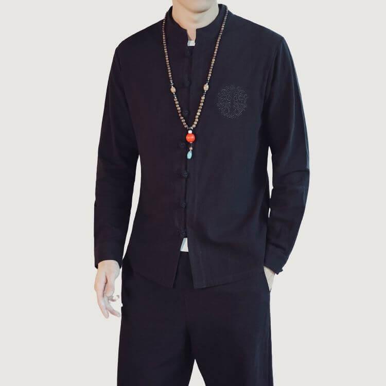 Kezumi Long Sleeve Shirt - Kyoto Apparel - Black, Blue, Embroidery, Gray, Mandarin Collar, Red, shirt, Top, white