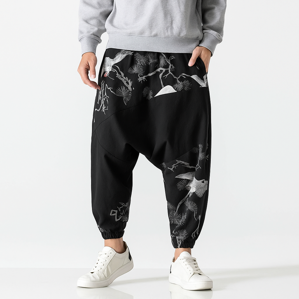 Dansuri Pants - Kyoto Apparel - Black, harem, Japanese print, Light fabric, long, pants