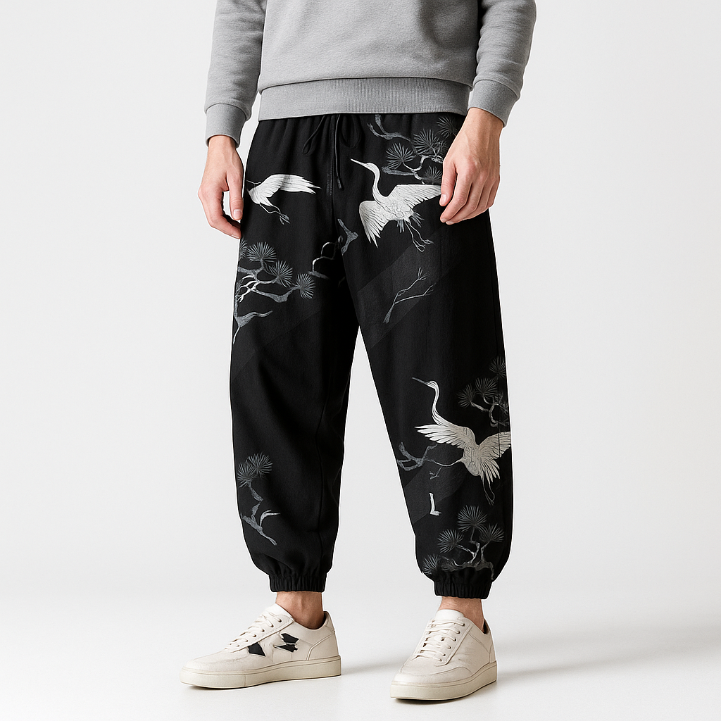 Dansuri Pants - Kyoto Apparel - Black, harem, Japanese print, Light fabric, long, pants