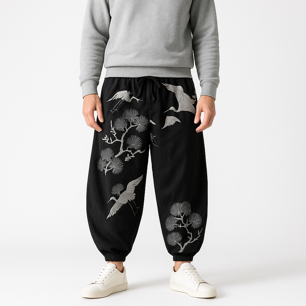 Dansuri Pants - Kyoto Apparel - Black, harem, Japanese print, Light fabric, long, pants