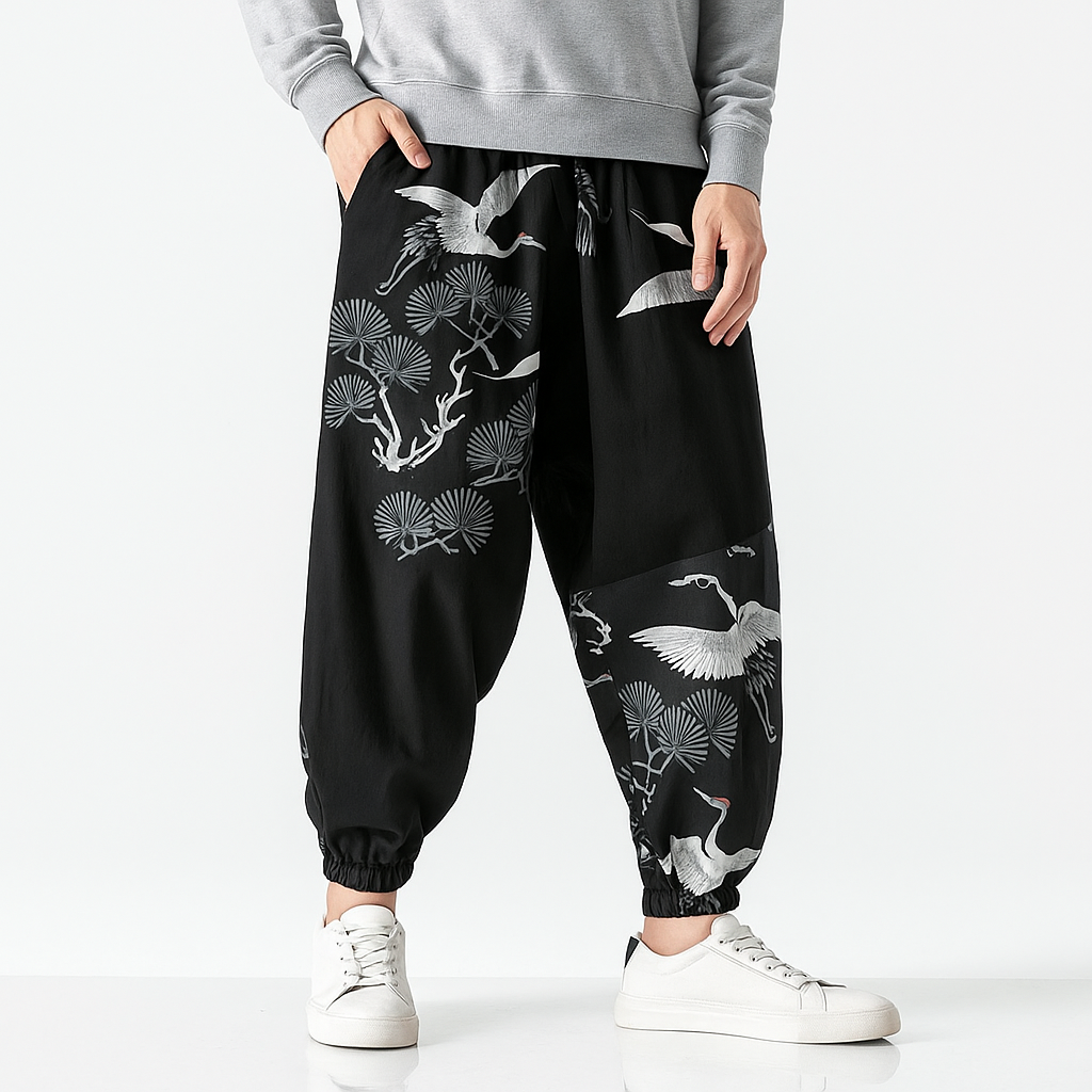 Dansuri Pants - Kyoto Apparel - Black, harem, Japanese print, Light fabric, long, pants