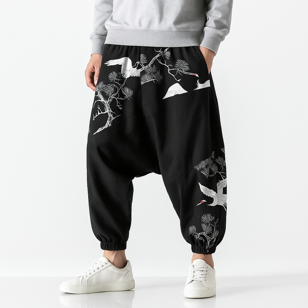 Dansuri Pants - Kyoto Apparel - Black, harem, Japanese print, Light fabric, long, pants