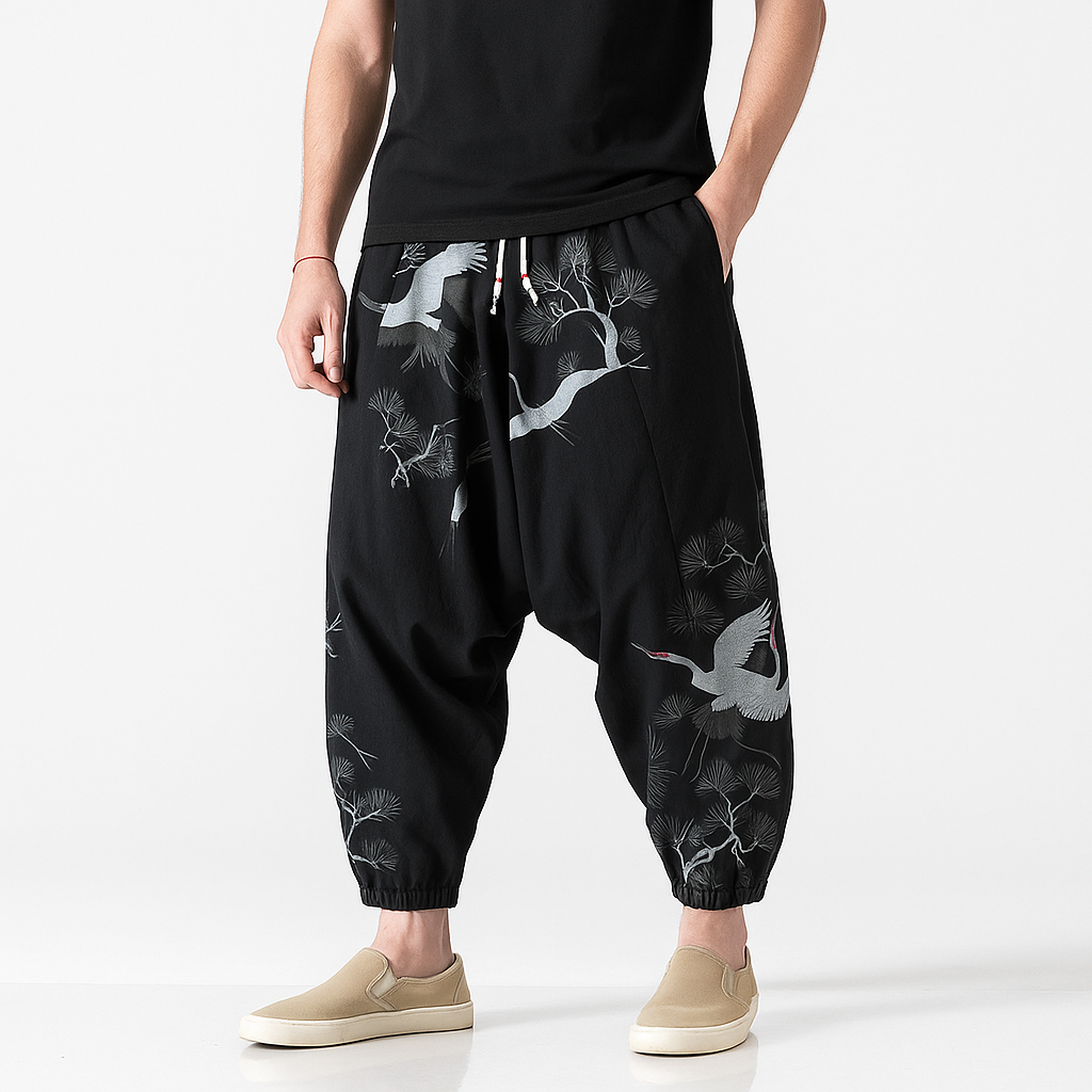 Dansuri Pants - Kyoto Apparel - Black, harem, Japanese print, Light fabric, long, pants