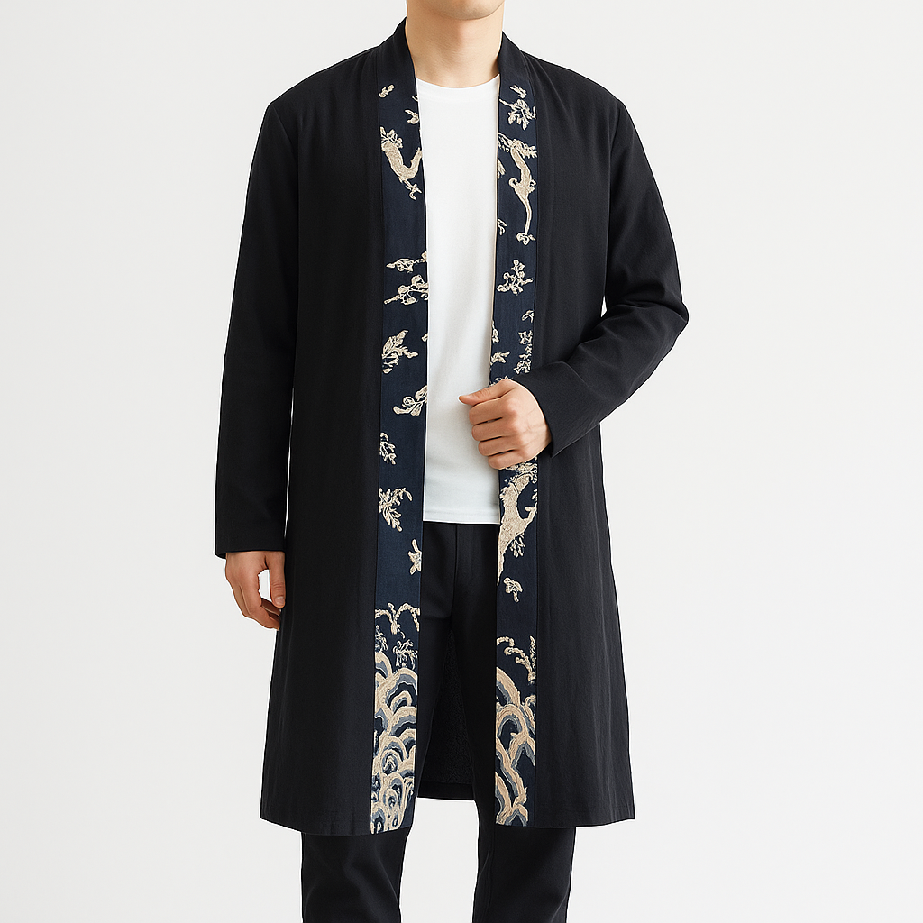 Dappa Kimono Coat - Kyoto Apparel - Black, coat, Japanese print, kimono, long, Outerwear