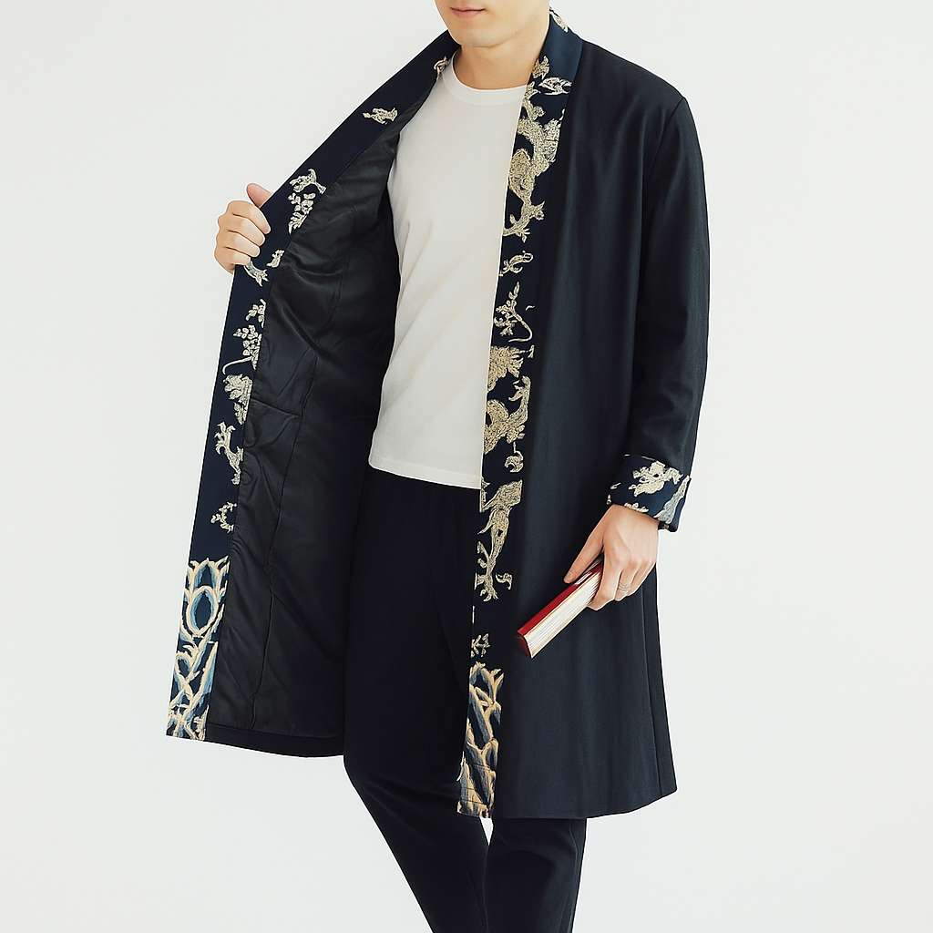 Dappa Kimono Coat - Kyoto Apparel - Black, coat, Japanese print, kimono, long, Outerwear