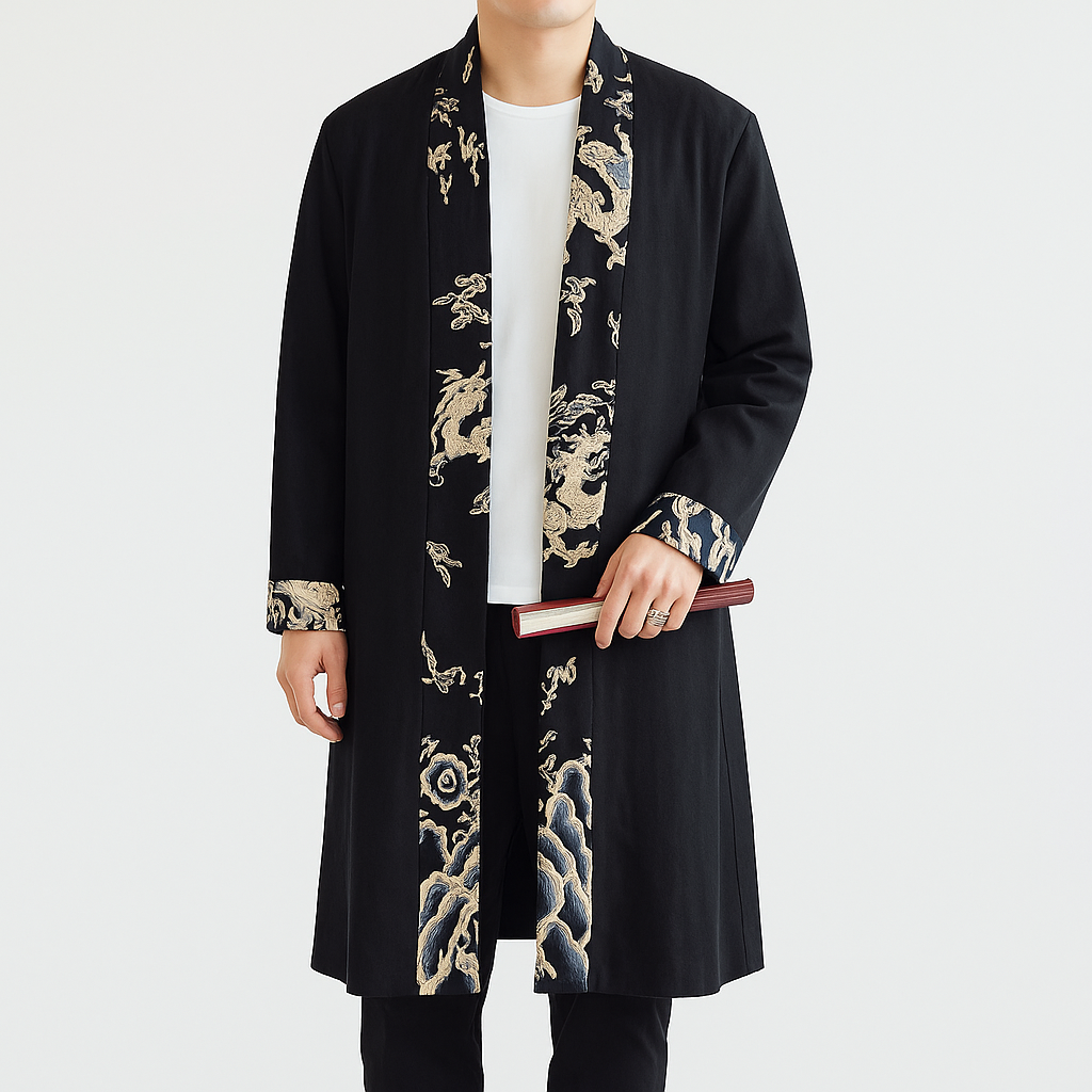 Dappa Kimono Coat - Kyoto Apparel - Black, coat, Japanese print, kimono, long, Outerwear