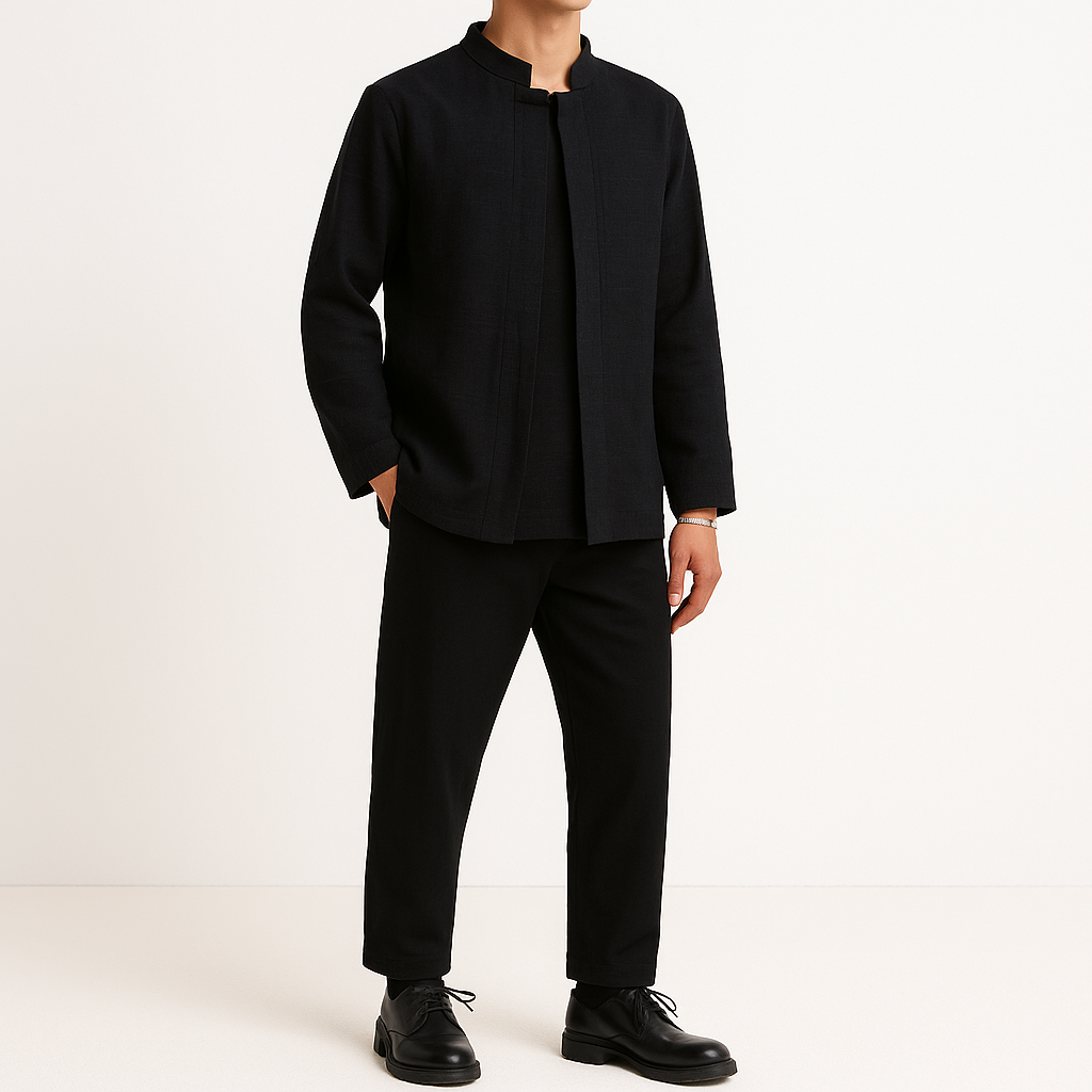 Eiroh Two-Layer Long Sleeve Shirt - Kyoto Apparel - Black, Blue, Gray, khaki, long sleeve, Off-White, shirt, Top