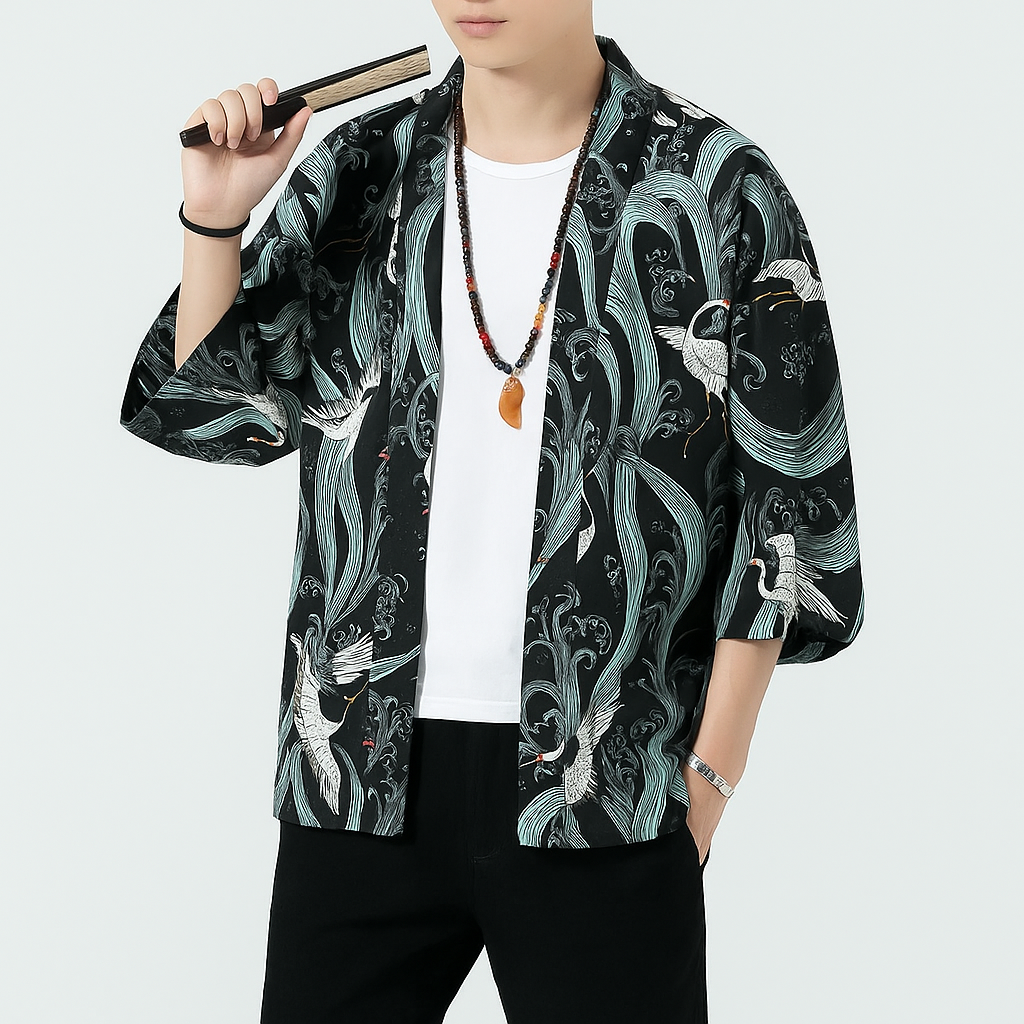 Etoiku Kimono - Kyoto Apparel - Black, Brown, Green, Japanese print, kimono, Outerwear, white