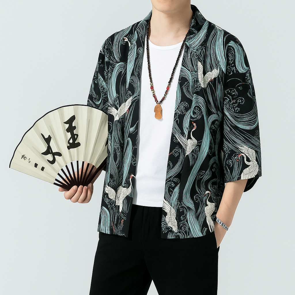 Etoiku Kimono - Kyoto Apparel - Black, Brown, Green, Japanese print, kimono, Outerwear, white
