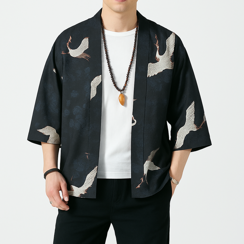 Etoiku Kimono - Kyoto Apparel - Black, Brown, Green, Japanese print, kimono, Outerwear, white