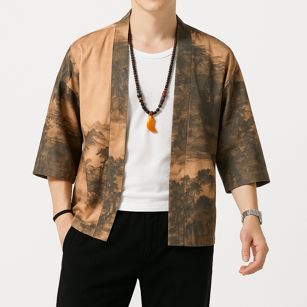 Etoiku Kimono - Kyoto Apparel - Black, Brown, Green, Japanese print, kimono, Outerwear, white
