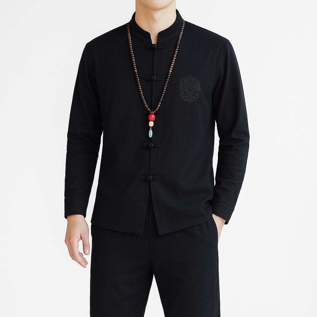 Kezumi Long Sleeve Shirt - Kyoto Apparel - Black, Blue, Embroidery, Gray, Mandarin Collar, Red, shirt, Top, white