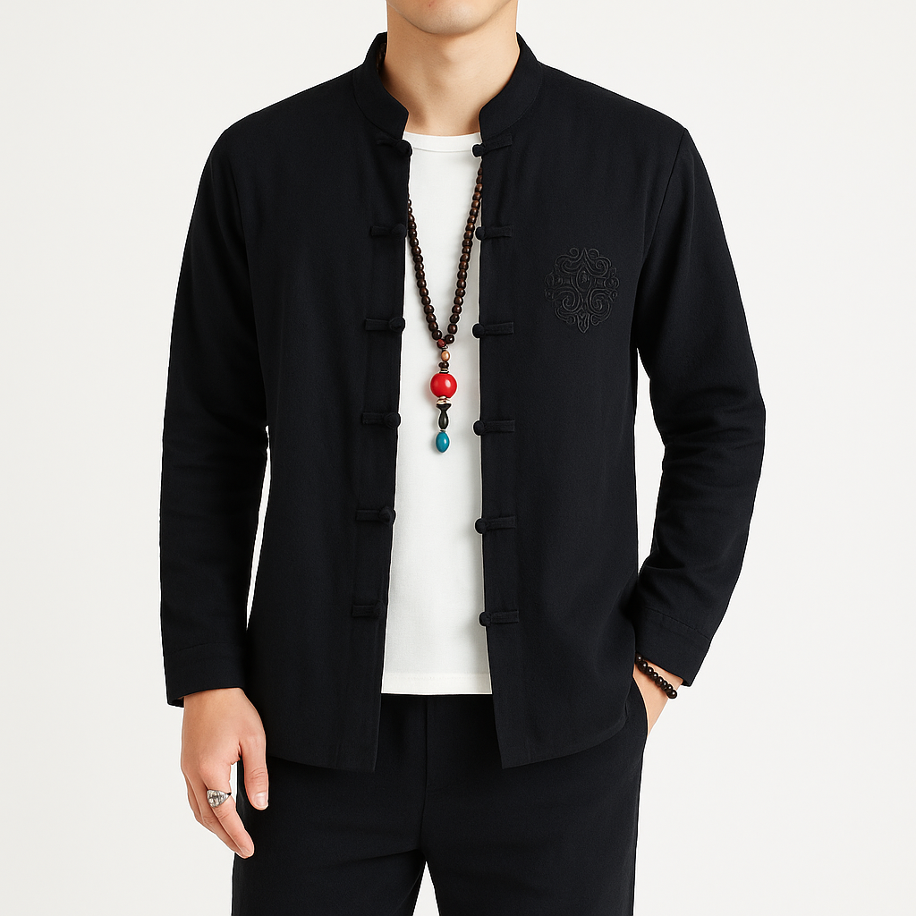 Kezumi Long Sleeve Shirt - Kyoto Apparel - Black, Blue, Embroidery, Gray, Mandarin Collar, Red, shirt, Top, white