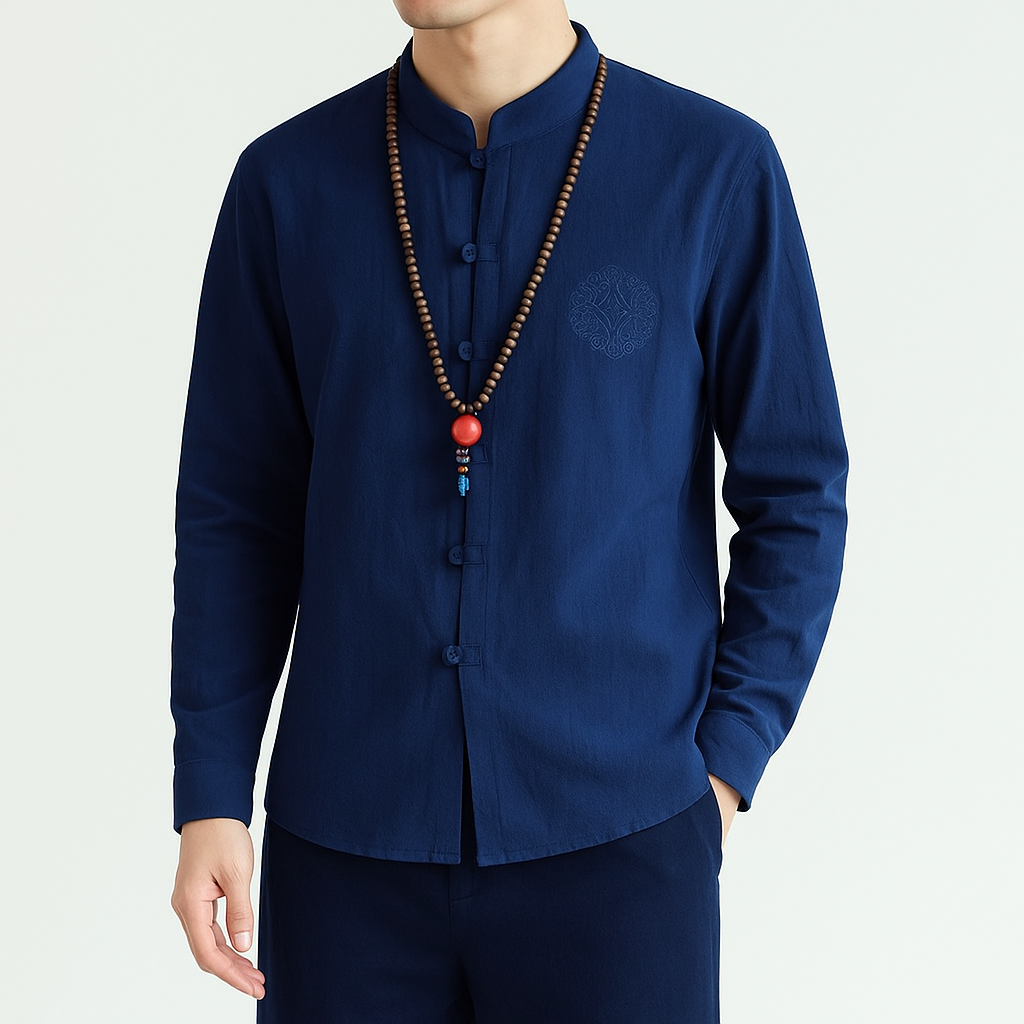 Kezumi Long Sleeve Shirt - Kyoto Apparel - Black, Blue, Embroidery, Gray, Mandarin Collar, Red, shirt, Top, white