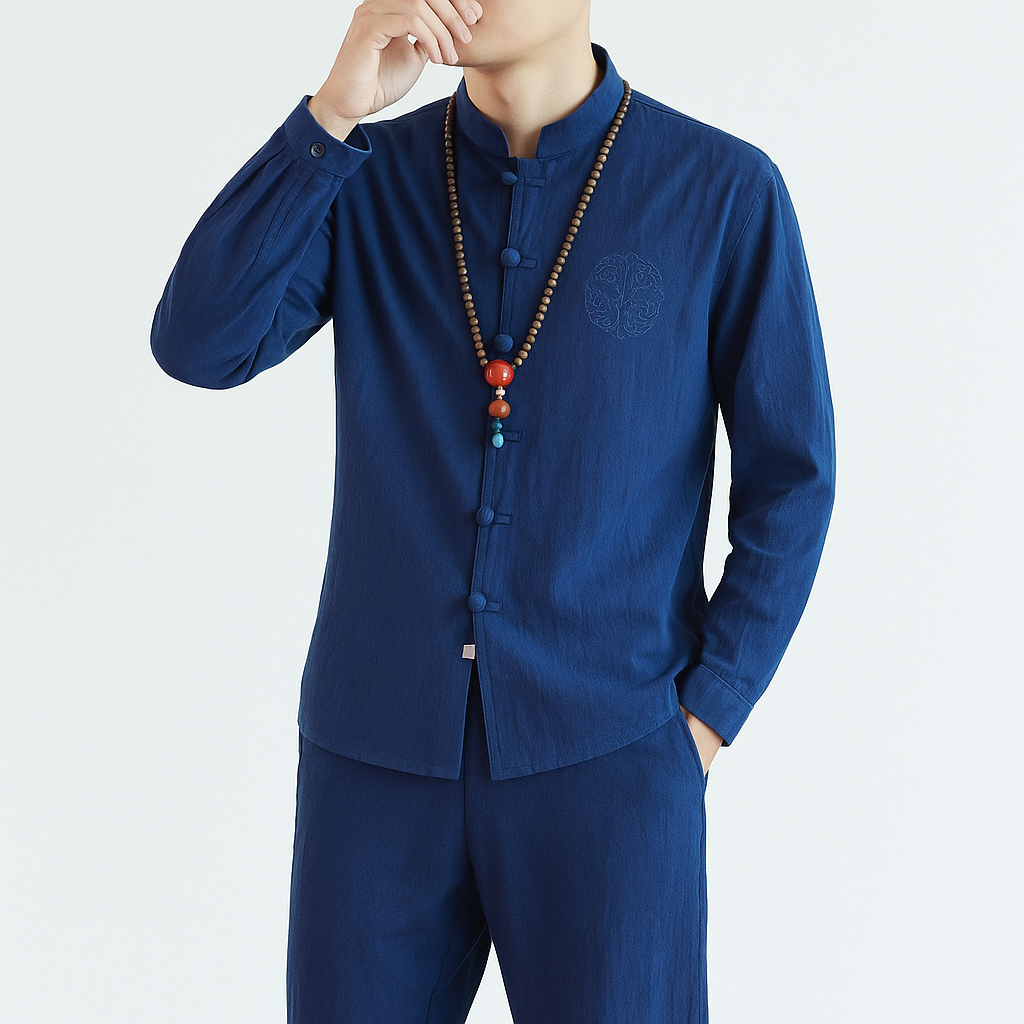 Kezumi Long Sleeve Shirt - Kyoto Apparel - Black, Blue, Embroidery, Gray, Mandarin Collar, Red, shirt, Top, white