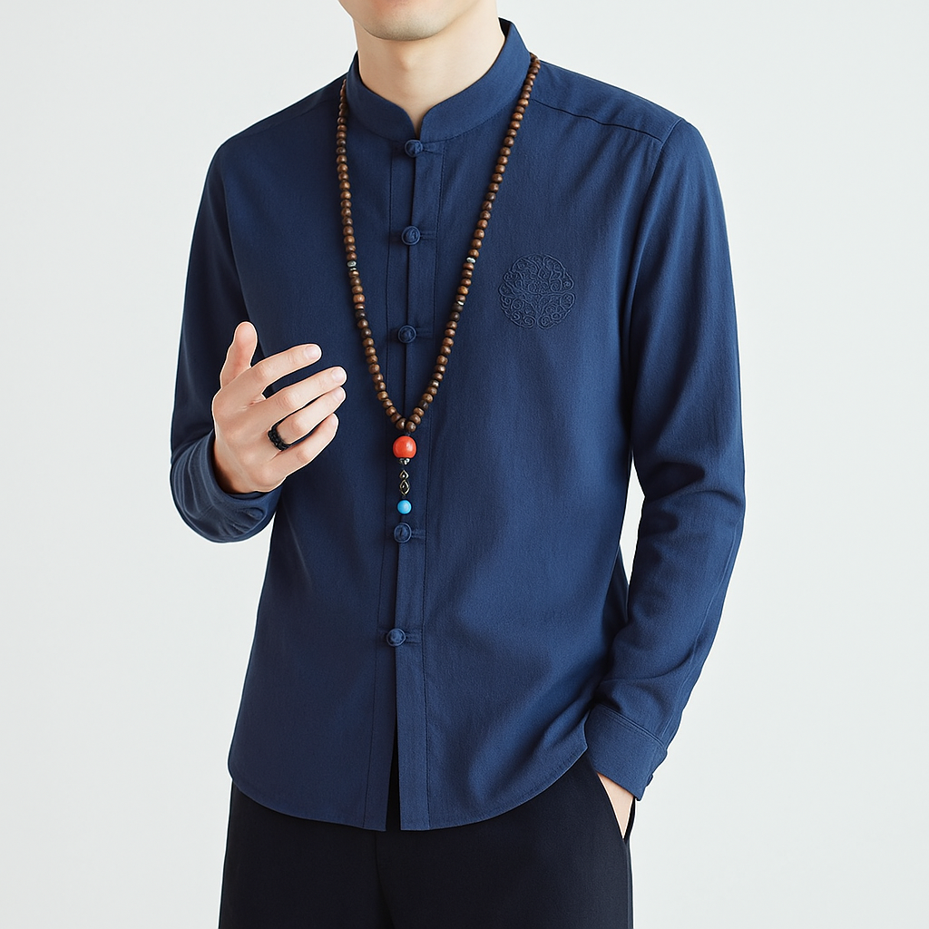 Kezumi Long Sleeve Shirt - Kyoto Apparel - Black, Blue, Embroidery, Gray, Mandarin Collar, Red, shirt, Top, white
