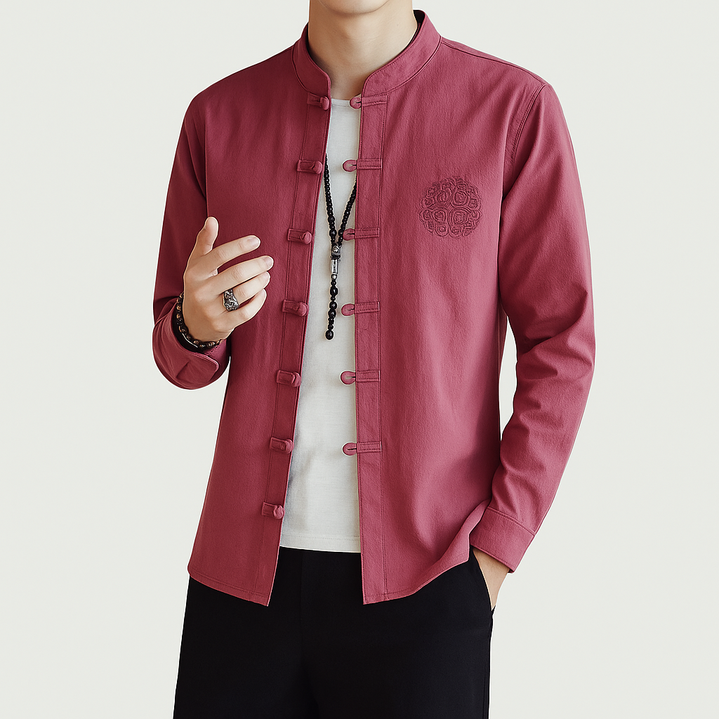 Kezumi Long Sleeve Shirt - Kyoto Apparel - Black, Blue, Embroidery, Gray, Mandarin Collar, Red, shirt, Top, white