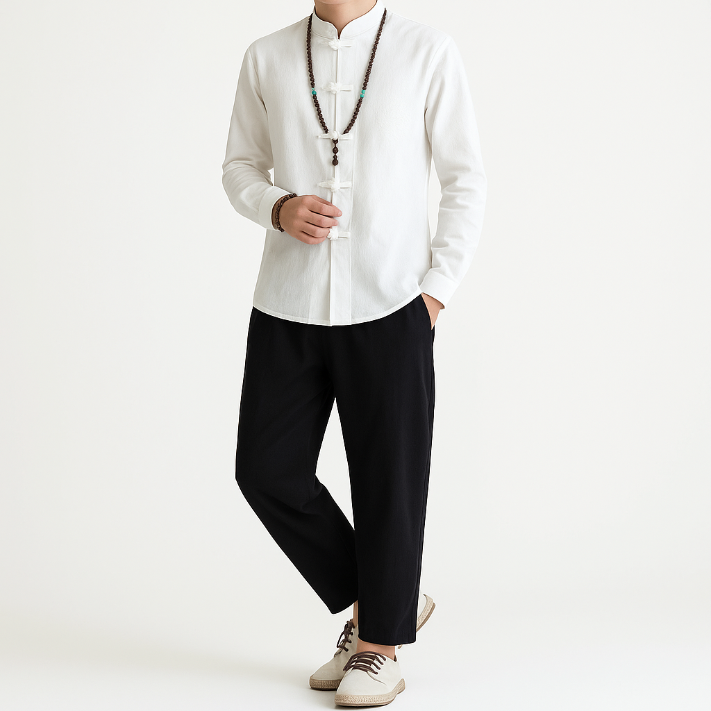 Kezumi Long Sleeve Shirt - Kyoto Apparel - Black, Blue, Embroidery, Gray, Mandarin Collar, Red, shirt, Top, white