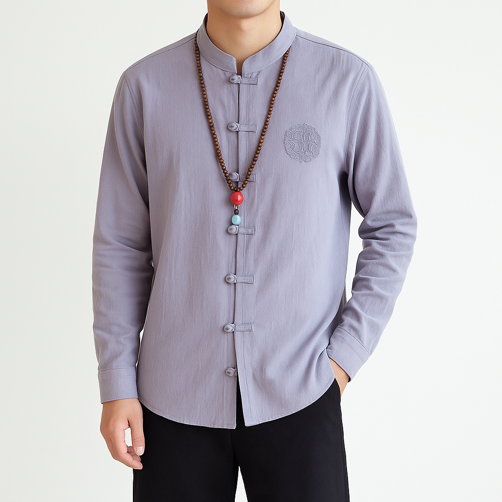 Kezumi Long Sleeve Shirt - Kyoto Apparel - Black, Blue, Embroidery, Gray, Mandarin Collar, Red, shirt, Top, white