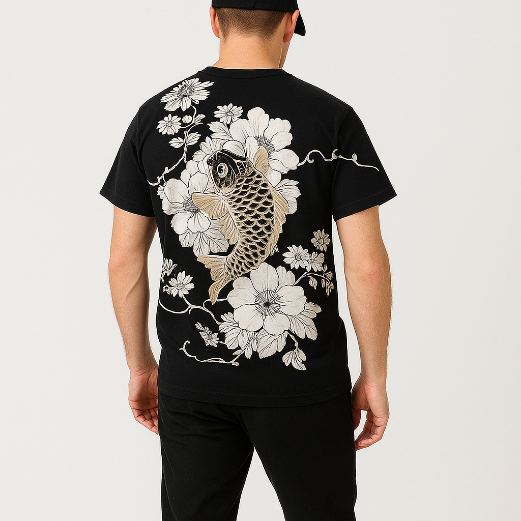 Koi Floral Shirt - Kyoto Apparel - Black, Japanese print, tee shirt, Top, Ukiyo-e, white