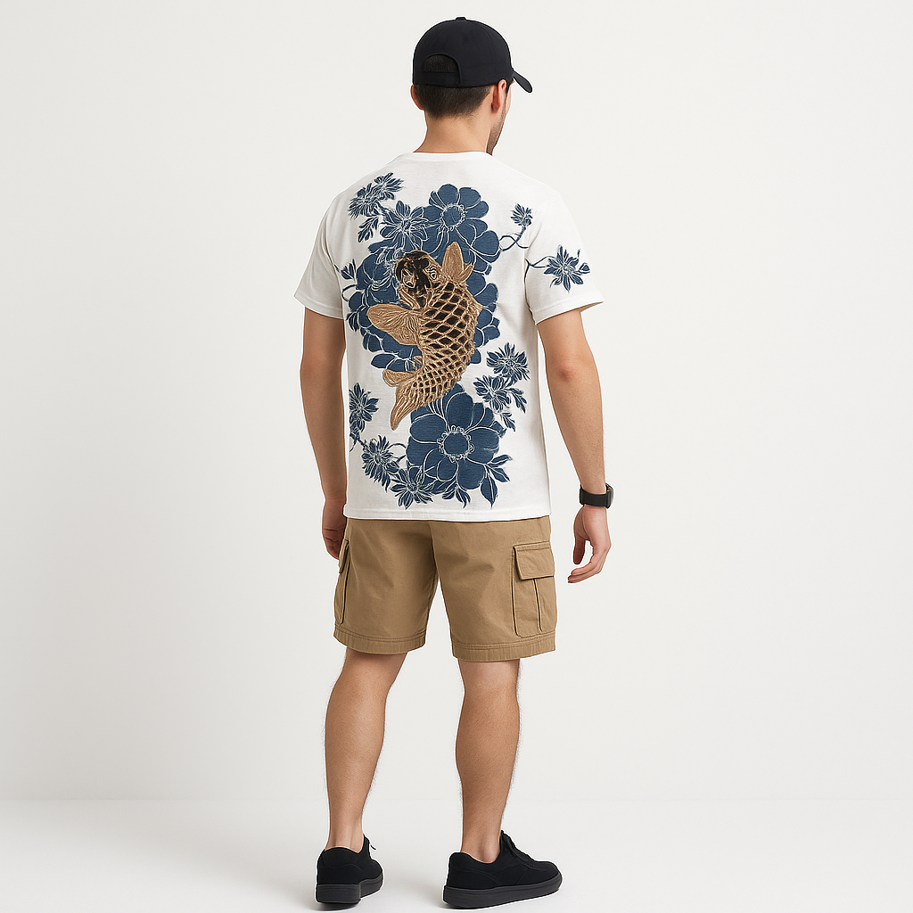 Koi Floral Shirt - Kyoto Apparel - Black, Japanese print, tee shirt, Top, Ukiyo-e, white