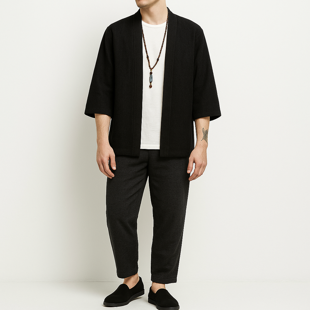 Matshu Kimono - Kyoto Apparel - Beige, Black, kimono, Off-White, Outerwear, short sleeve