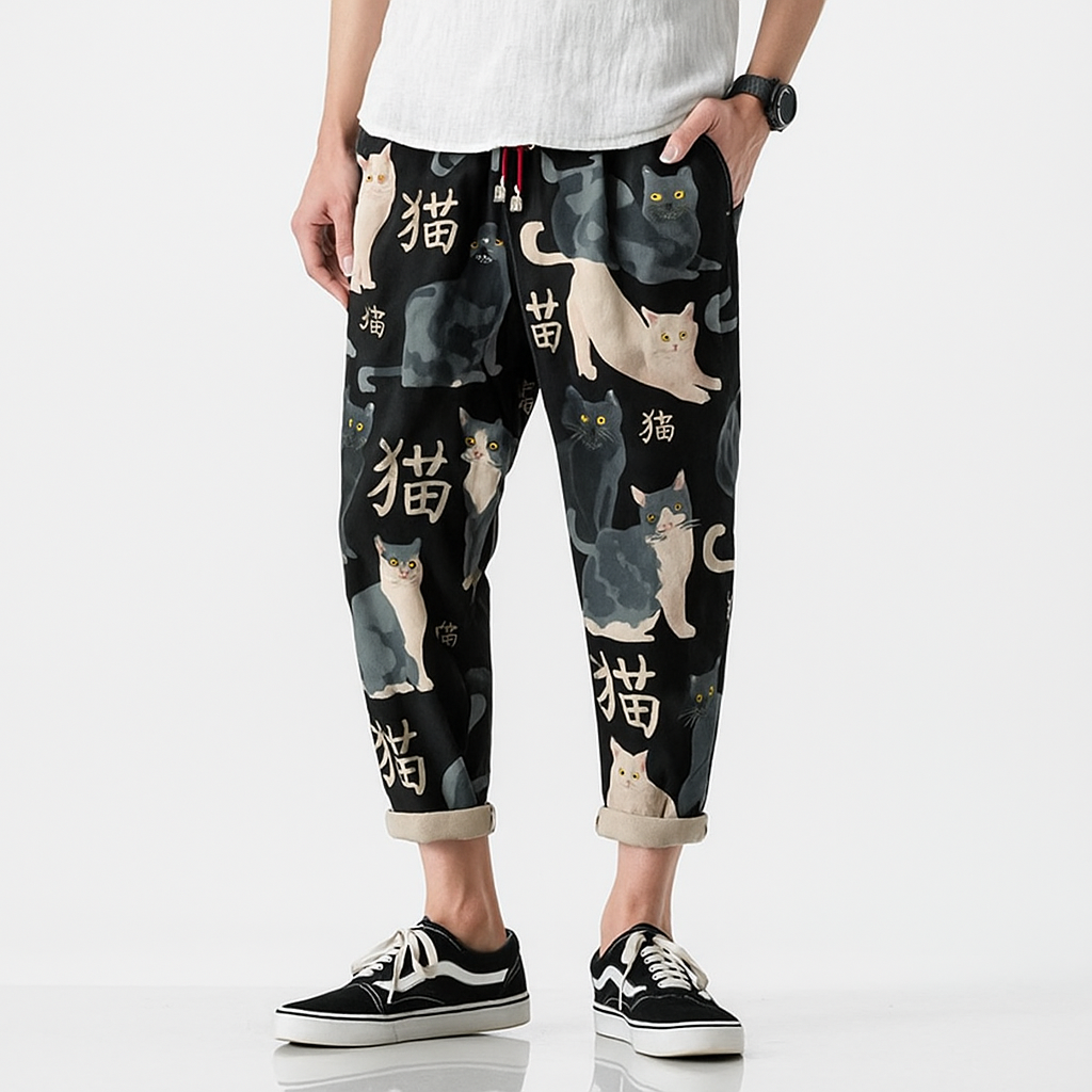 Nekokiti Pants - Kyoto Apparel - Black, drawstrings, Green, Japanese print, pants, short pants