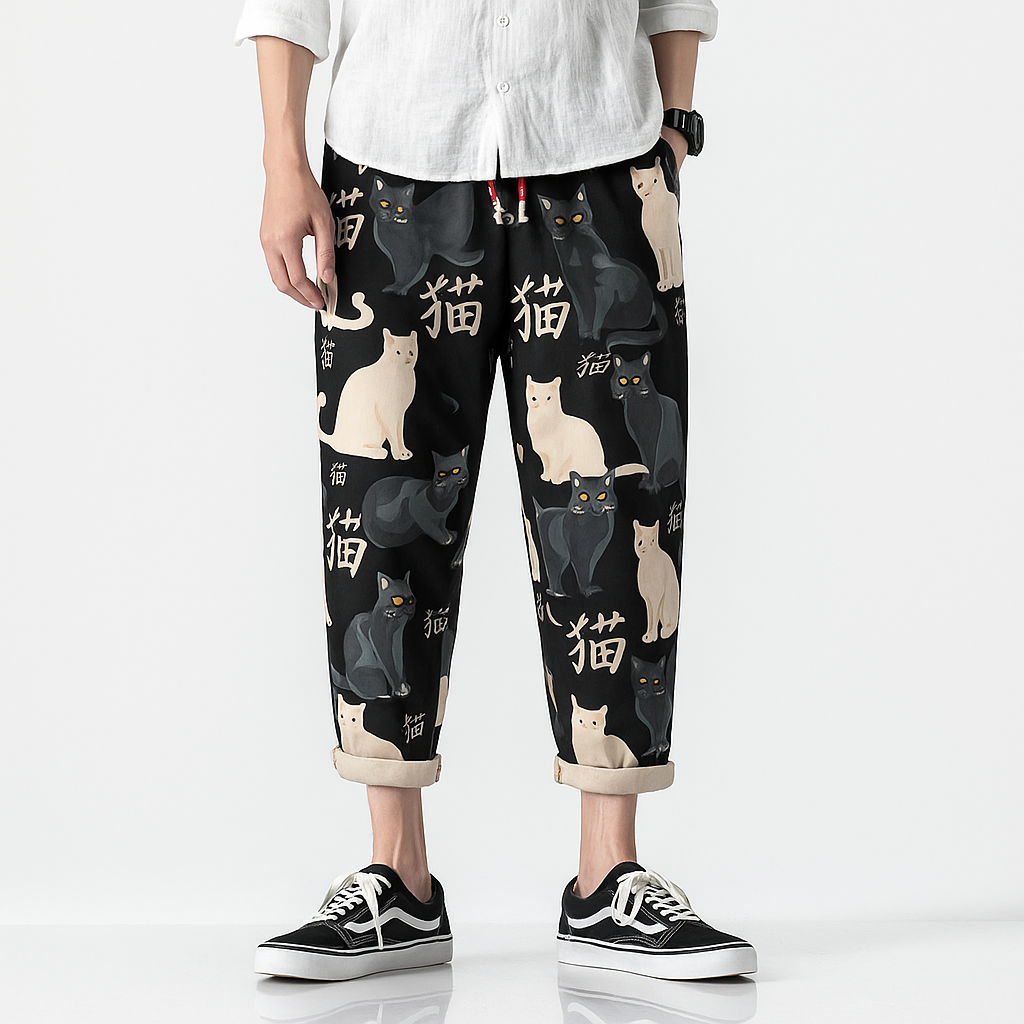 Nekokiti Pants - Kyoto Apparel - Black, drawstrings, Green, Japanese print, pants, short pants