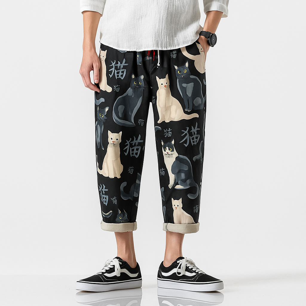 Nekokiti Pants - Kyoto Apparel - Black, drawstrings, Green, Japanese print, pants, short pants