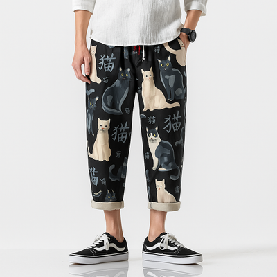 Nekokiti Pants - Kyoto Apparel - Black, drawstrings, Green, Japanese print, pants, short pants