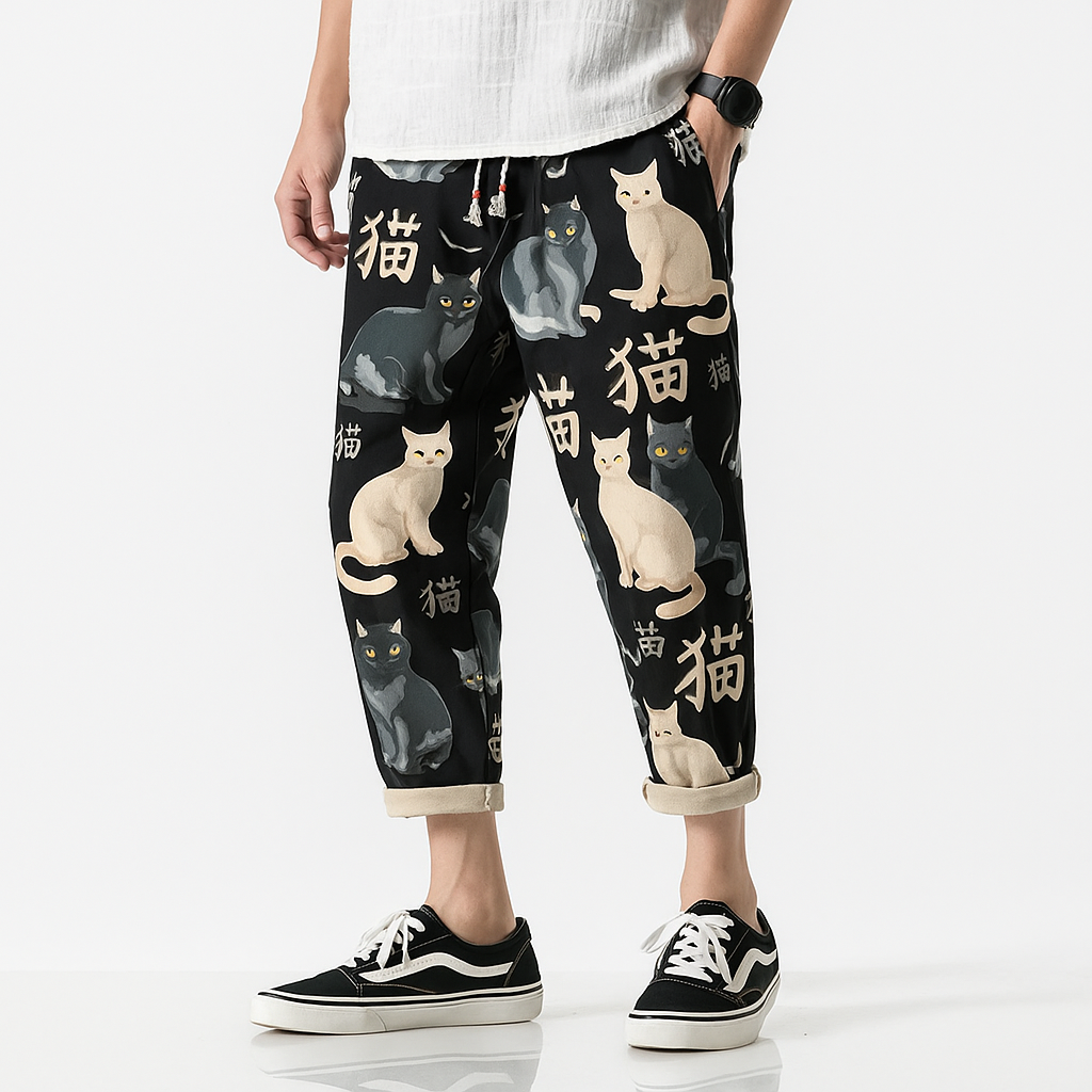Nekokiti Pants - Kyoto Apparel - Black, drawstrings, Green, Japanese print, pants, short pants