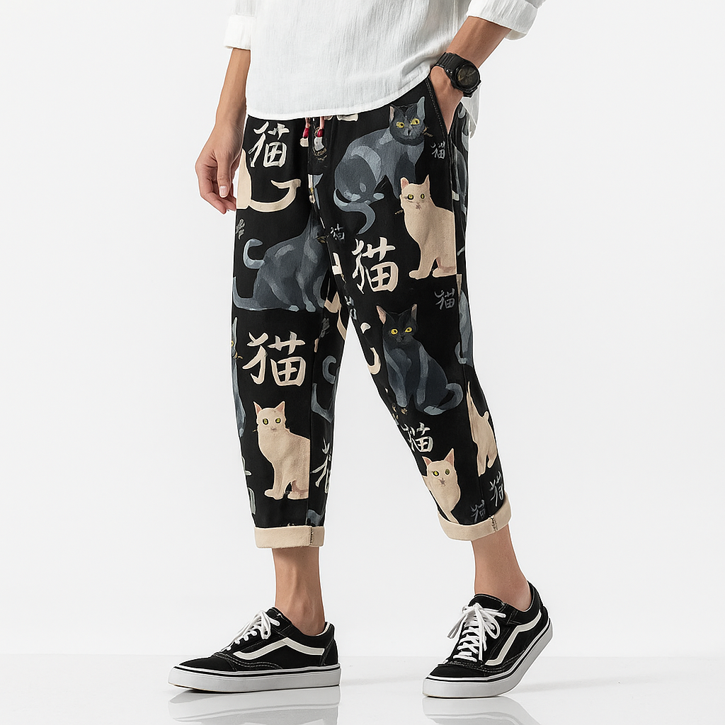 Nekokiti Pants - Kyoto Apparel - Black, drawstrings, Green, Japanese print, pants, short pants