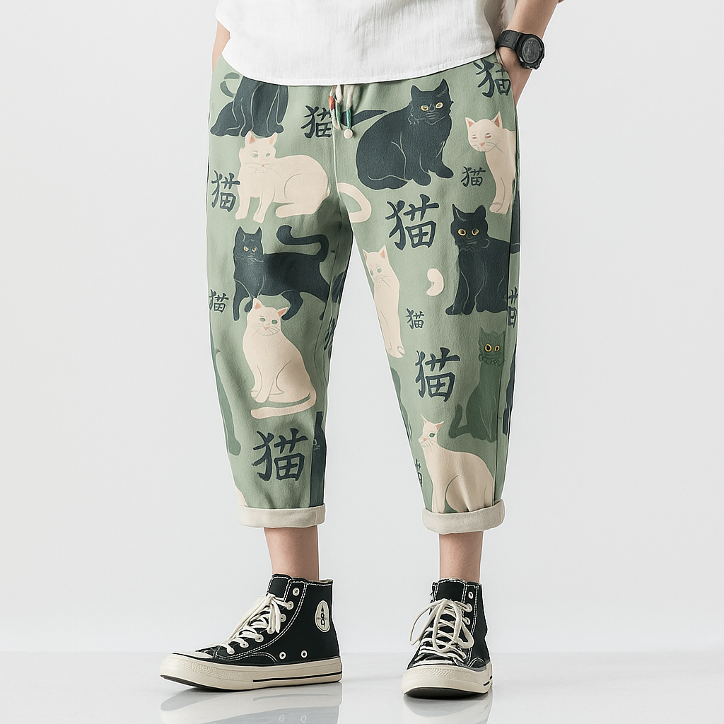 Nekokiti Pants - Kyoto Apparel - Black, drawstrings, Green, Japanese print, pants, short pants