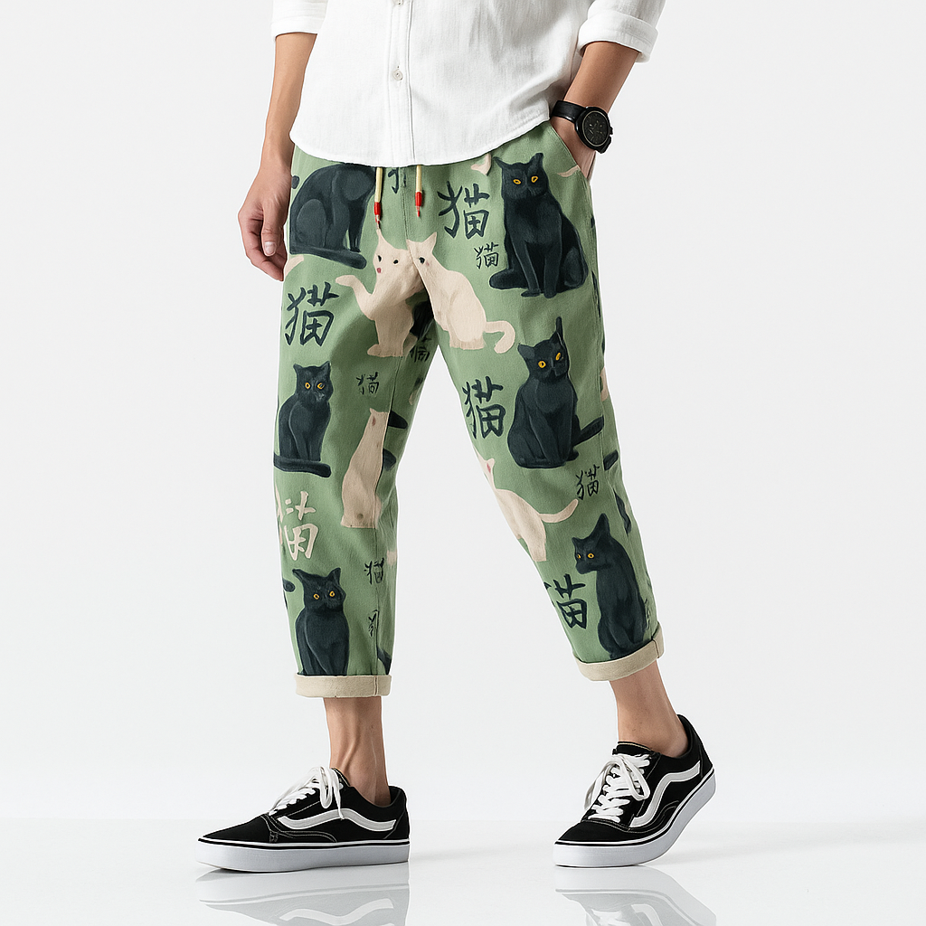 Nekokiti Pants - Kyoto Apparel - Black, drawstrings, Green, Japanese print, pants, short pants