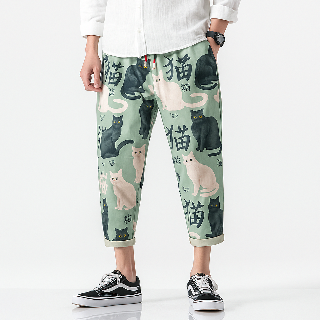 Nekokiti Pants - Kyoto Apparel - Black, drawstrings, Green, Japanese print, pants, short pants