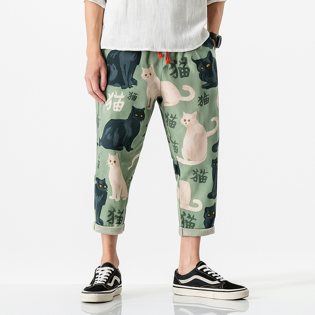 Nekokiti Pants - Kyoto Apparel - Black, drawstrings, Green, Japanese print, pants, short pants