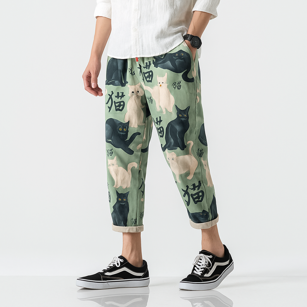 Nekokiti Pants - Kyoto Apparel - Black, drawstrings, Green, Japanese print, pants, short pants