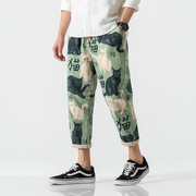 Nekokiti Pants - Kyoto Apparel - Black, drawstrings, Green, Japanese print, pants, short pants