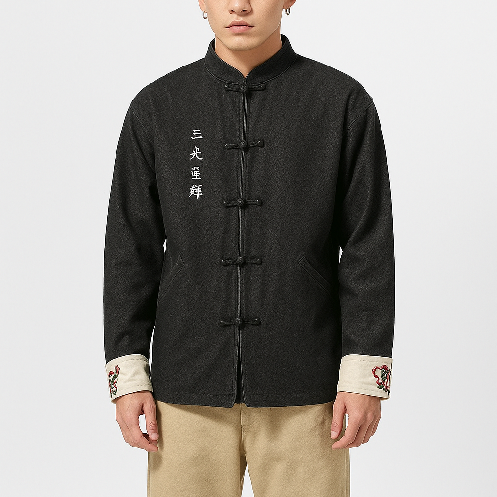 Odasei Jacket - Kyoto Apparel - Black, Blue, Denim, Embroidery, jacket, Long-Sleeve, Mandarin Collar, Outerwear