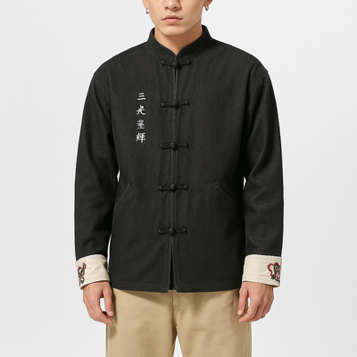 Odasei Jacket - Kyoto Apparel - Black, Blue, Denim, Embroidery, jacket, Long-Sleeve, Mandarin Collar, Outerwear