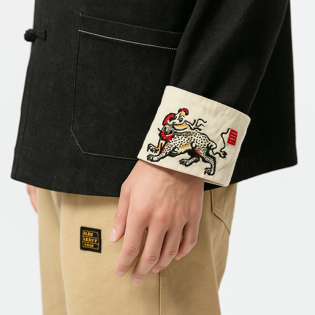 Odasei Jacket - Kyoto Apparel - Black, Blue, Denim, Embroidery, jacket, Long-Sleeve, Mandarin Collar, Outerwear