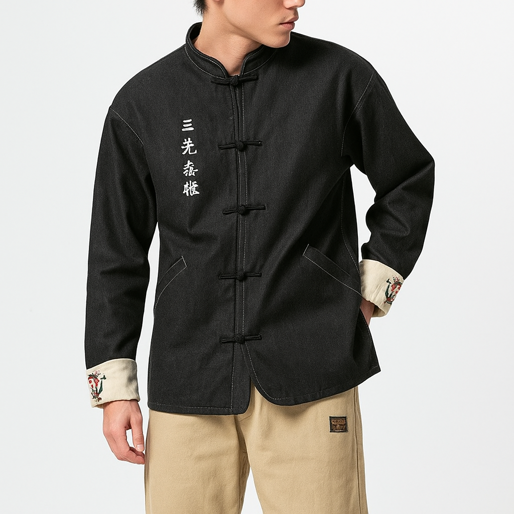 Odasei Jacket - Kyoto Apparel - Black, Blue, Denim, Embroidery, jacket, Long-Sleeve, Mandarin Collar, Outerwear