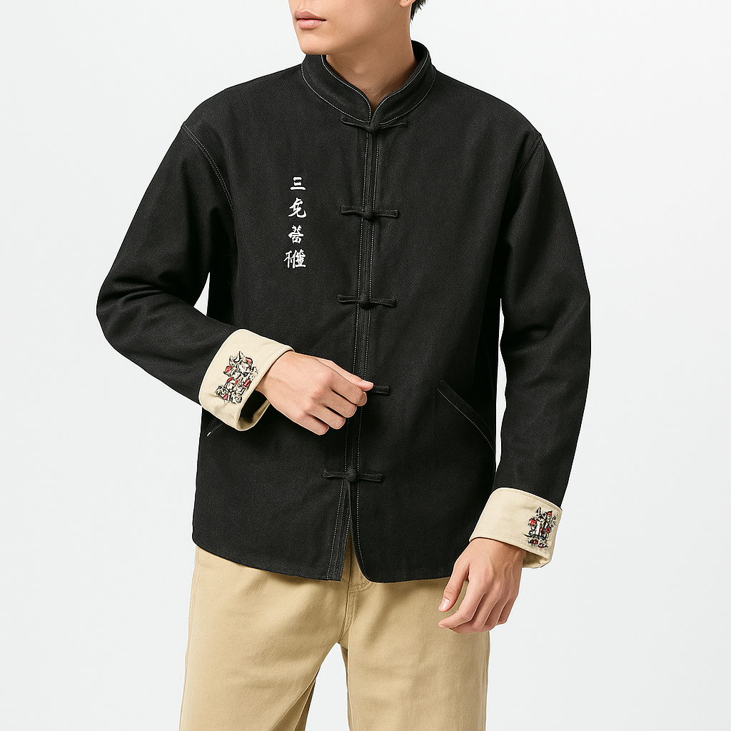 Odasei Jacket - Kyoto Apparel - Black, Blue, Denim, Embroidery, jacket, Long-Sleeve, Mandarin Collar, Outerwear