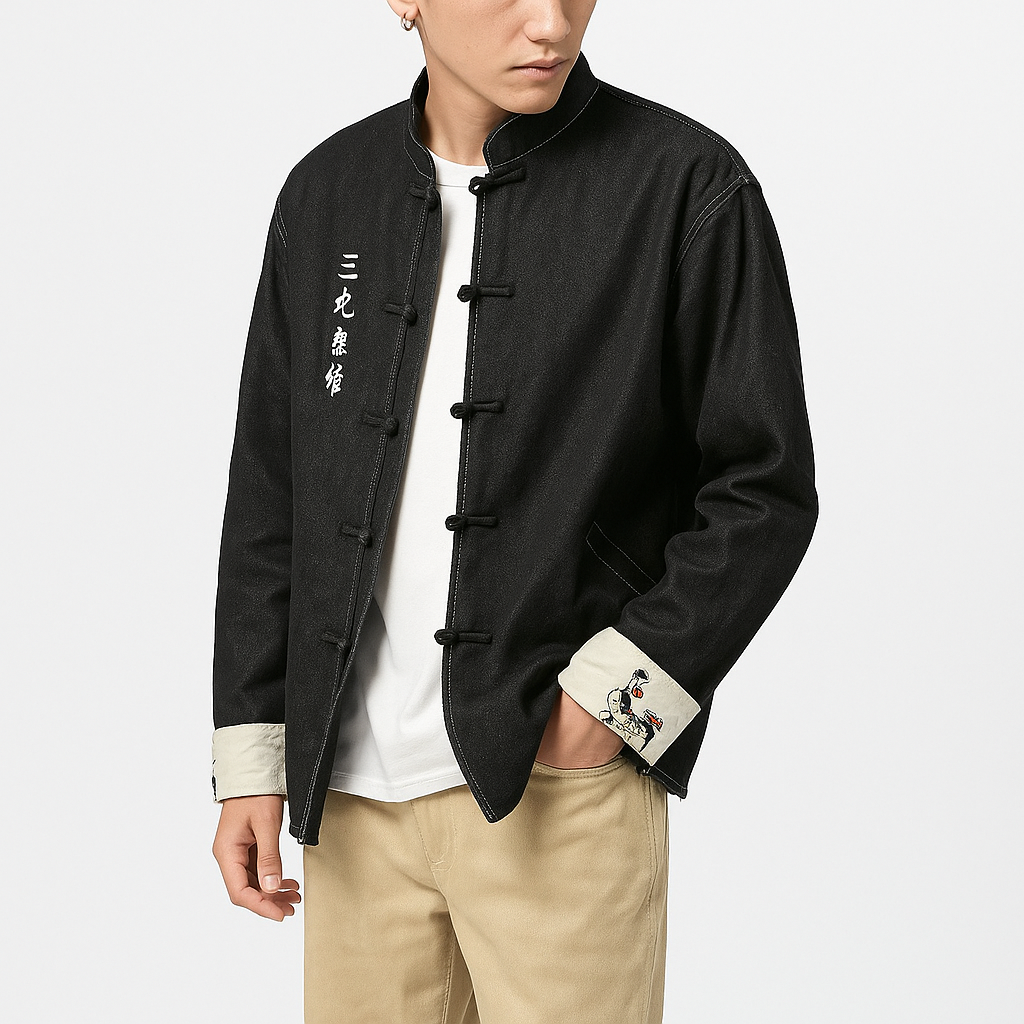 Odasei Jacket - Kyoto Apparel - Black, Blue, Denim, Embroidery, jacket, Long-Sleeve, Mandarin Collar, Outerwear