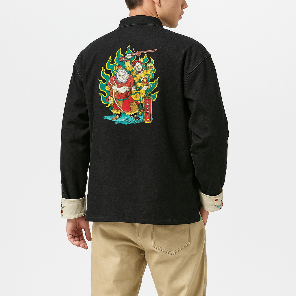 Odasei Jacket - Kyoto Apparel - Black, Blue, Denim, Embroidery, jacket, Long-Sleeve, Mandarin Collar, Outerwear